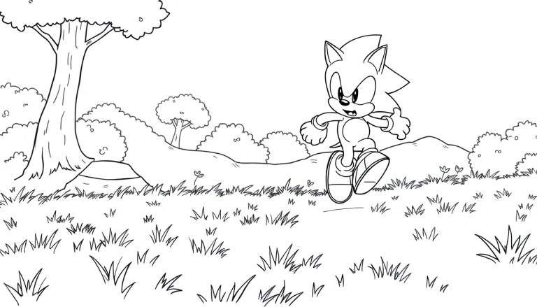 Dessin au trait de Sonic le hérisson courant dans un paysage herbeux, avec un arbre à l'arrière-plan.