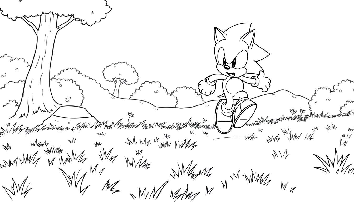 Dessin au trait de Sonic le hérisson courant dans un paysage herbeux, avec un arbre à l'arrière-plan.