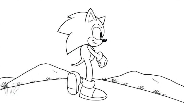 Dessin au trait de Sonic le Hérisson sur un paysage vallonné, prêt à être colorié.