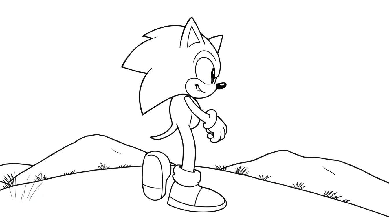 Dessin au trait de Sonic le Hérisson sur un paysage vallonné, prêt à être colorié.
