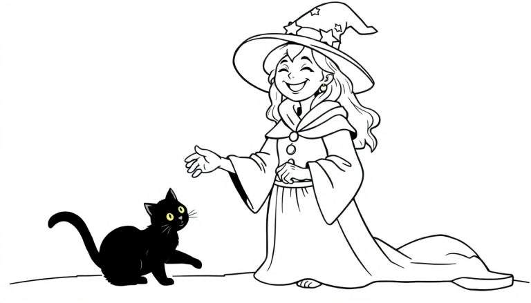 Dessin au trait d'une sorcière souriante et d'un chat noir dans un style de dessin animé, parfait pour un color panel.