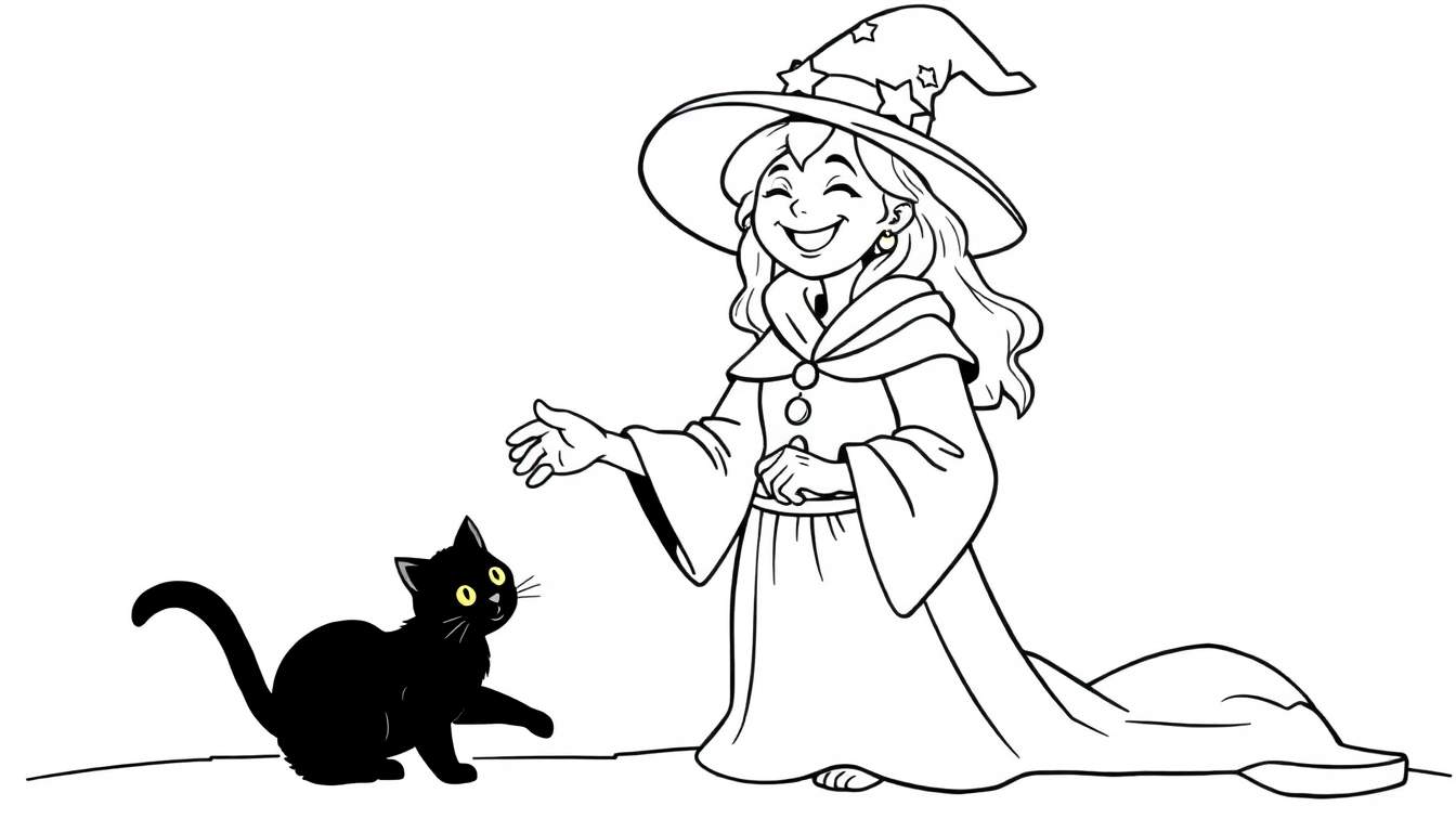 Dessin au trait d'une sorcière souriante et d'un chat noir dans un style de dessin animé, parfait pour un color panel.