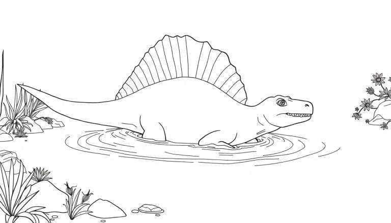 Un dinosaure Spinosaurus nageant dans une rivière, dans un style dessin noir et blanc pour coloriage.