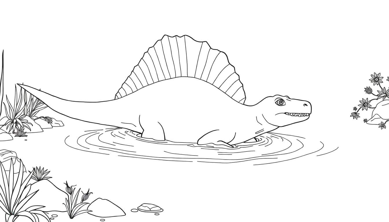 Un dinosaure Spinosaurus nageant dans une rivière, dans un style dessin noir et blanc pour coloriage.