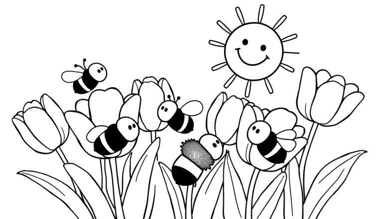 A cheerful black and white line drawing of a spring scene, perfect for a color panel.