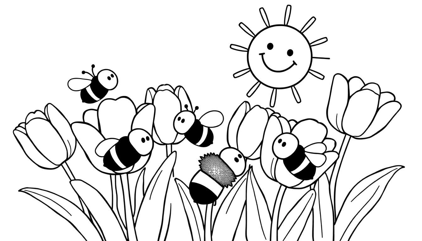 A cheerful black and white line drawing of a spring scene, perfect for a color panel.