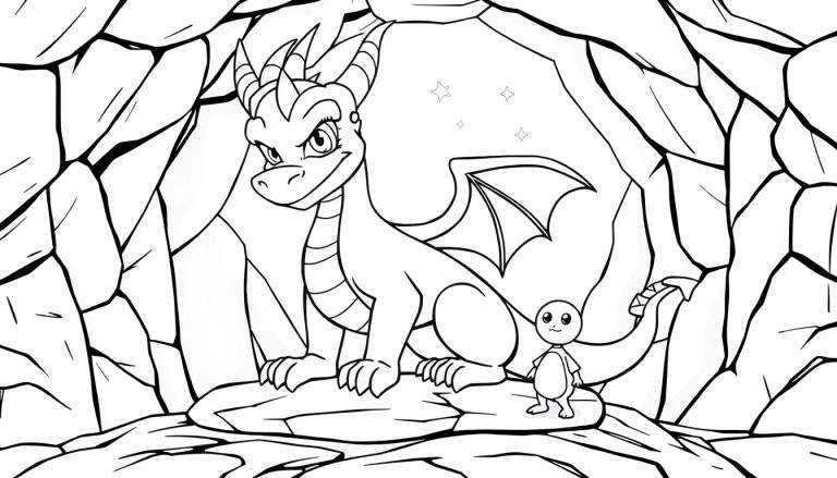 Dessin au trait d'un dragon et d'un petit personnage devant une grotte rocheuse, style livre de coloriage.