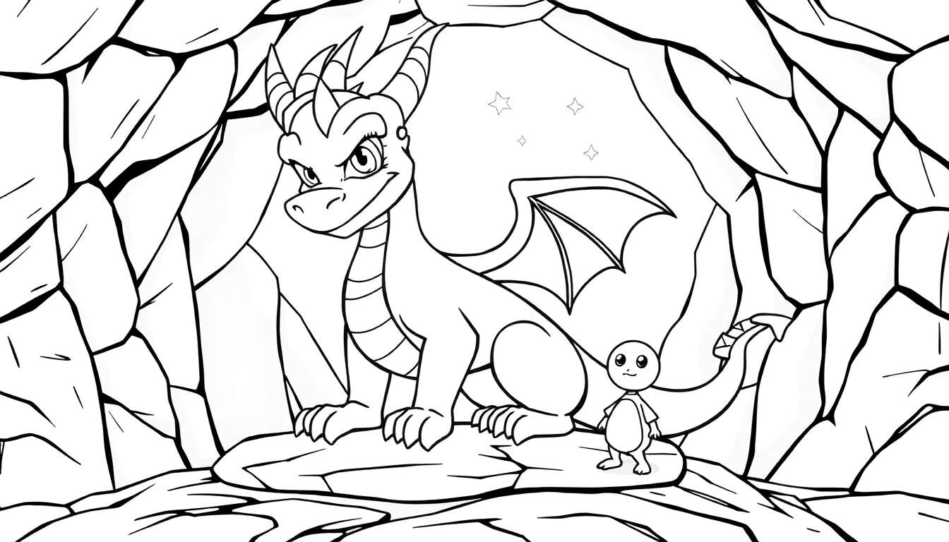 Dessin au trait d'un dragon et d'un petit personnage devant une grotte rocheuse, style livre de coloriage.