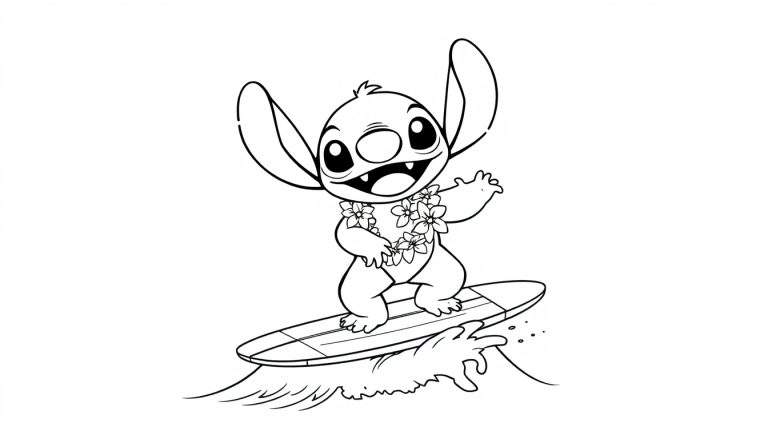 Dessin en noir et blanc de Stitch sur une planche de surf, une colour plate joyeuse.