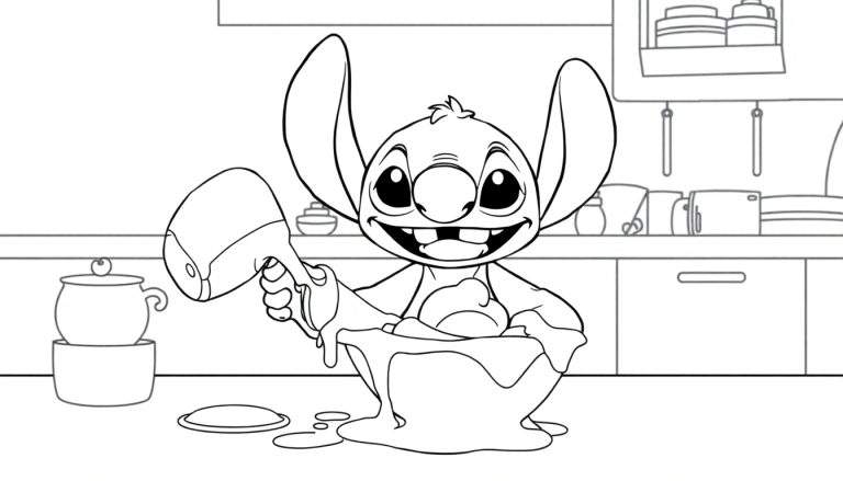 Stitch renversant un bol de pâte dans une cuisine color panel.