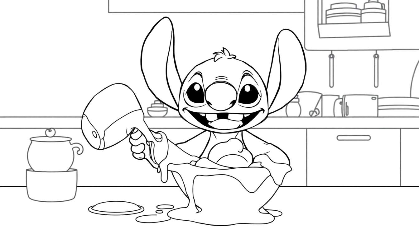 Stitch renversant un bol de pâte dans une cuisine color panel.