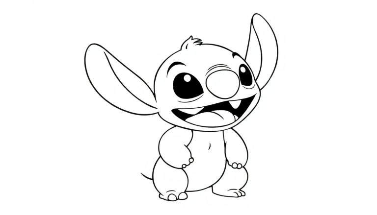 Dessin au trait de Stitch souriant, prêt pour le color panel.