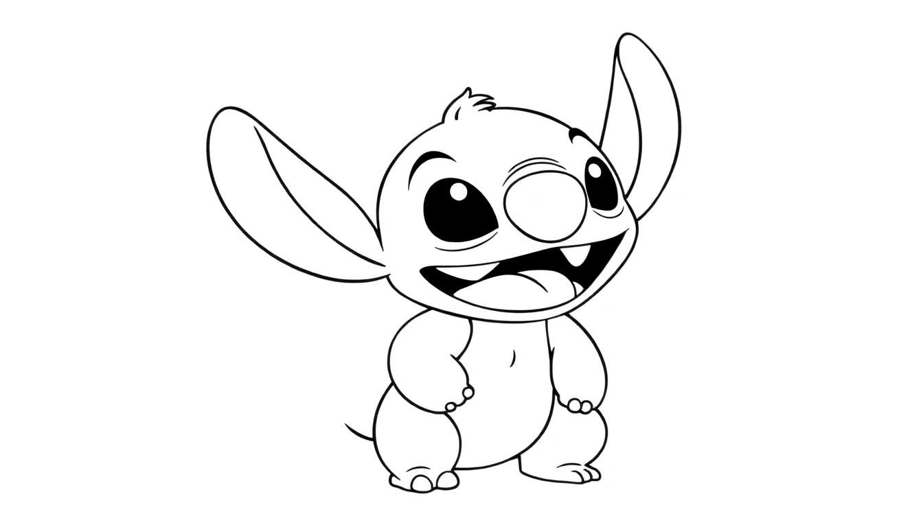 Dessin au trait de Stitch souriant, prêt pour le color panel.