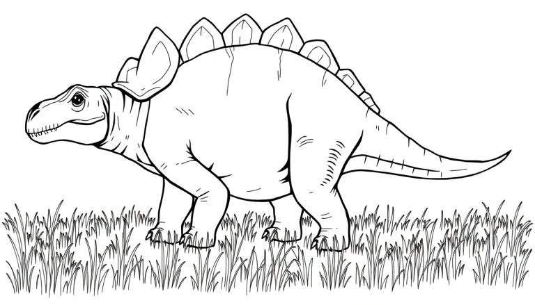 Un stégosaure en noir et blanc, parfait pour un color panel, se tient dans un champ d'herbe.