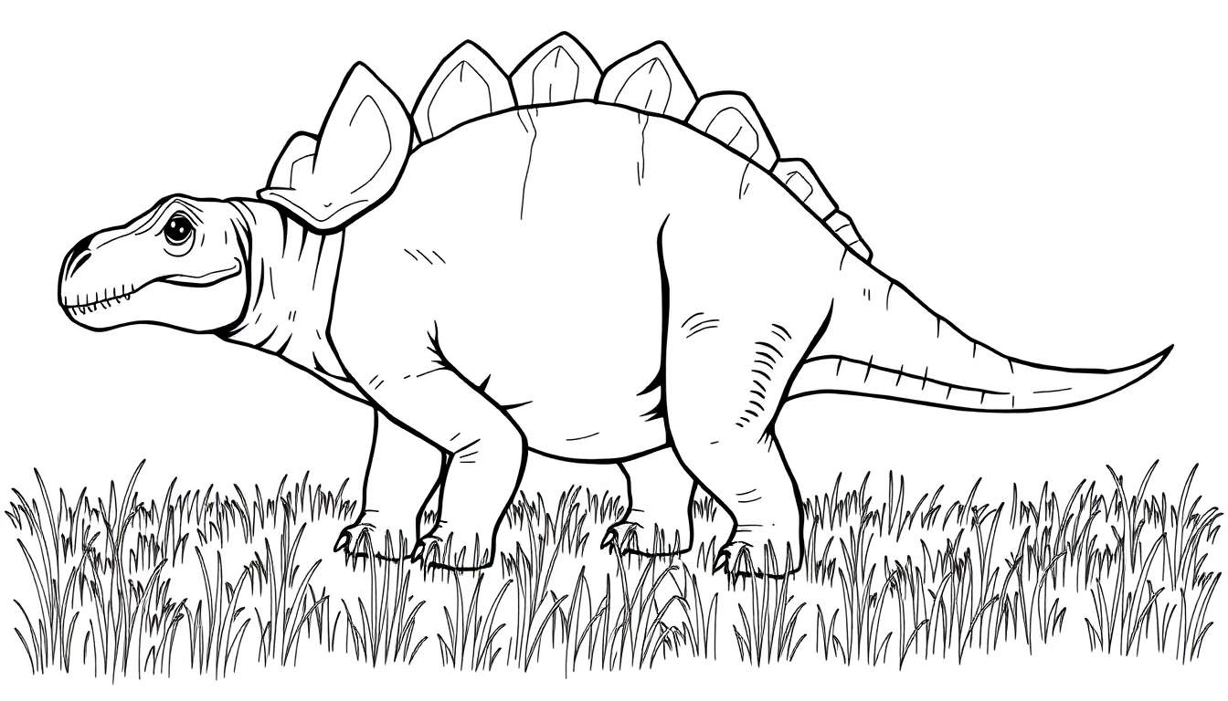 Un stégosaure en noir et blanc, parfait pour un color panel, se tient dans un champ d'herbe.
