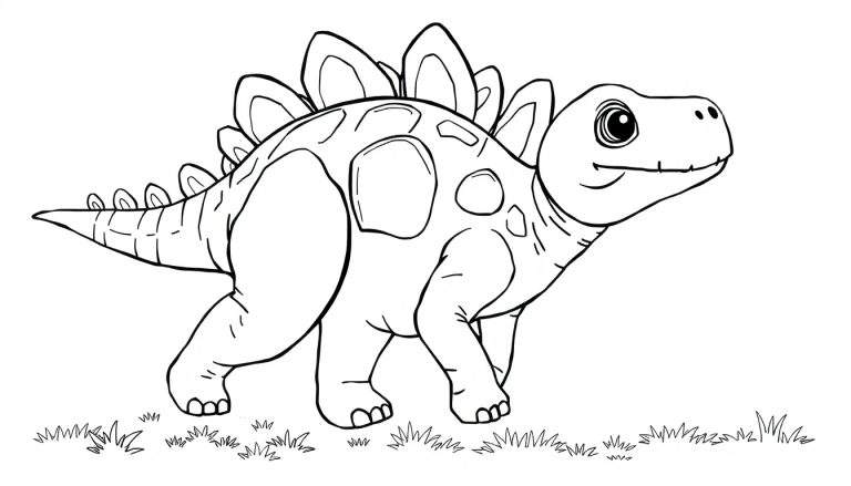 Un dessin au trait d'un stégosaure souriant debout dans l'herbe, prêt pour le color panel.