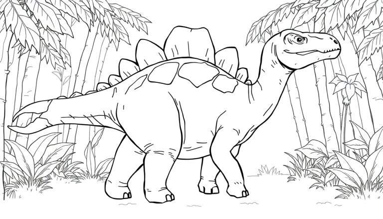 Dessin au trait d'un stégosaure dans un environnement tropical, prêt à être coloré.