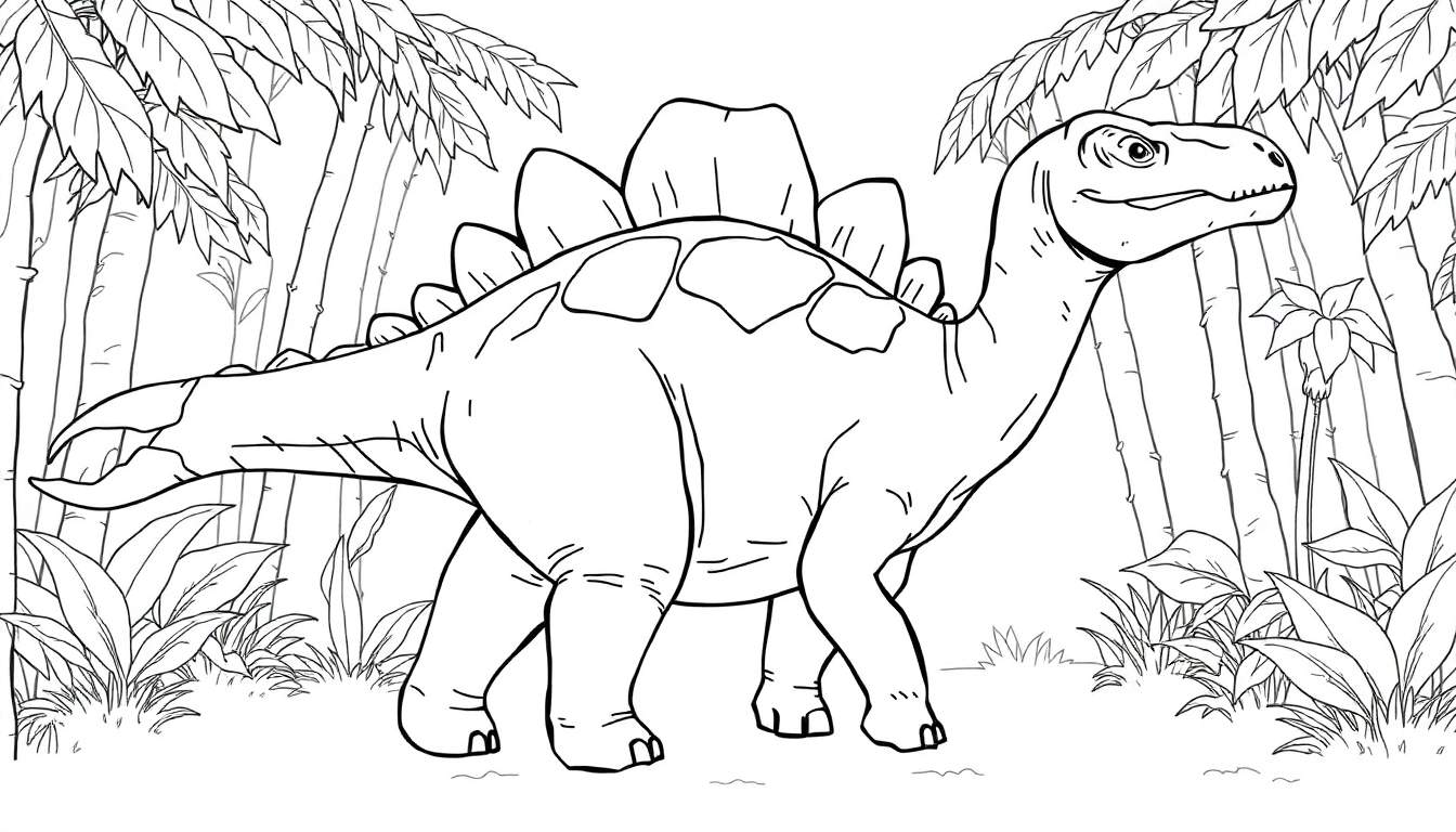 Dessin au trait d'un stégosaure dans un environnement tropical, prêt à être coloré.