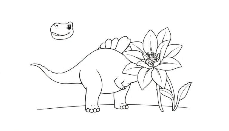 Un stégosaure dessiné au trait noir et blanc avec une fleur à côté, idéal pour un color panel.