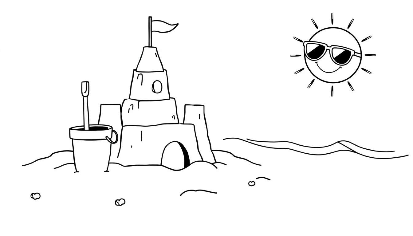 A black and white colour plate of a sandcastle on the beach.