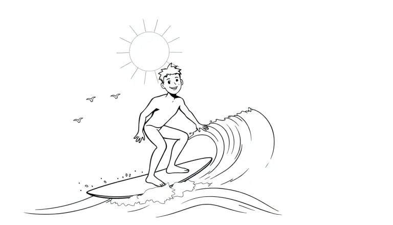 Un surfeur souriant chevauchant une vague, avec des oiseaux et le soleil dans le ciel.