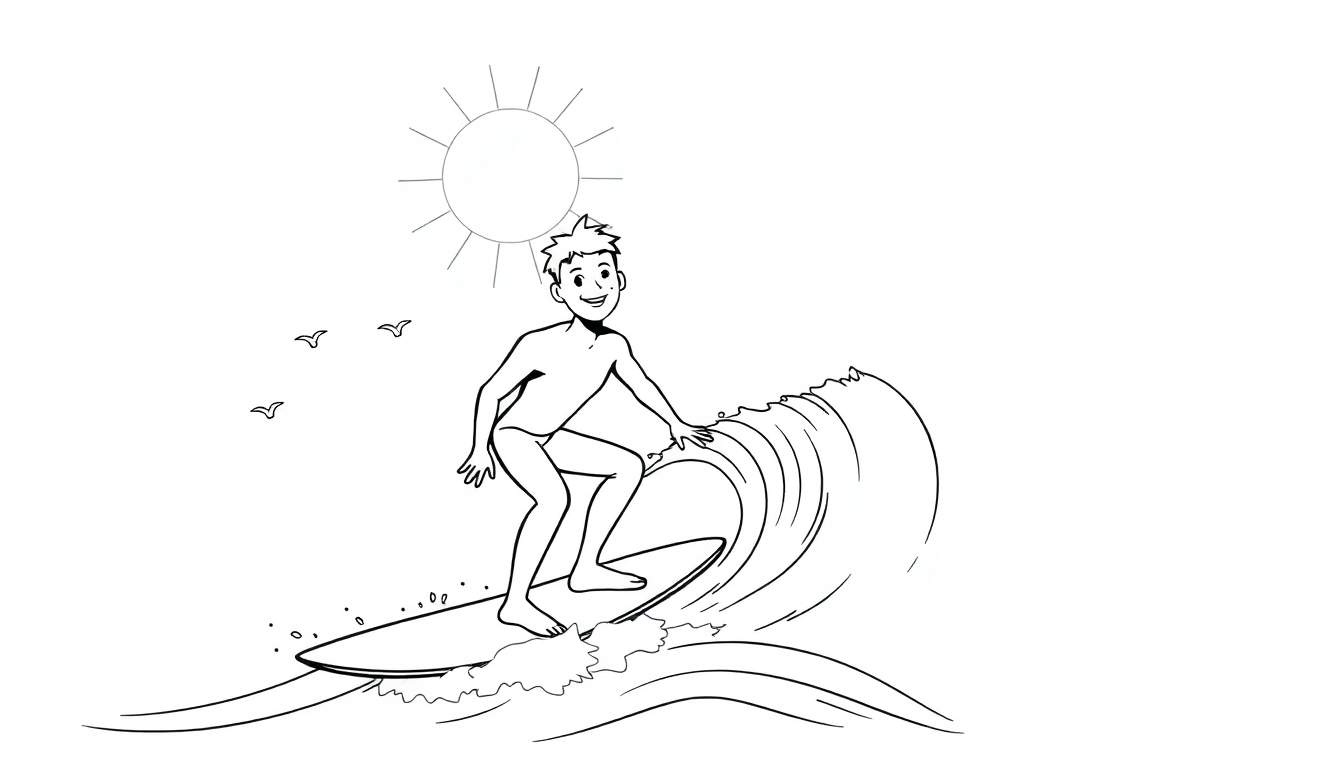Un surfeur souriant chevauchant une vague, avec des oiseaux et le soleil dans le ciel.