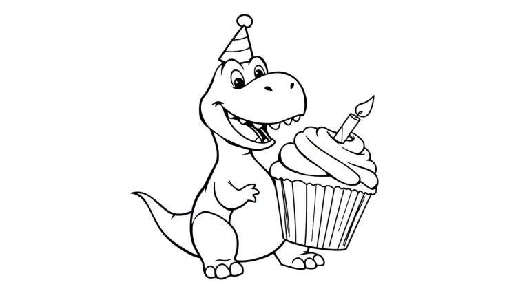 Un dinosaure T-Rex de dessin animé joyeux porte un chapeau de fête et mange un cupcake avec une bougie dans un color panel.
