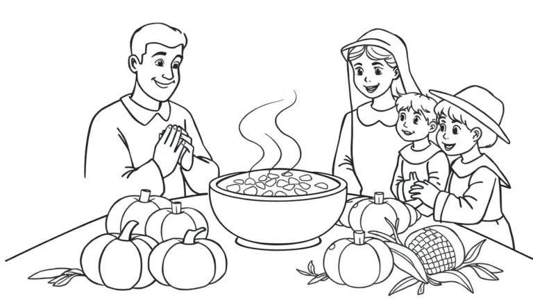 Page de coloriage en noir et blanc d'une famille de pèlerins remerciant autour d'une table de récolte.