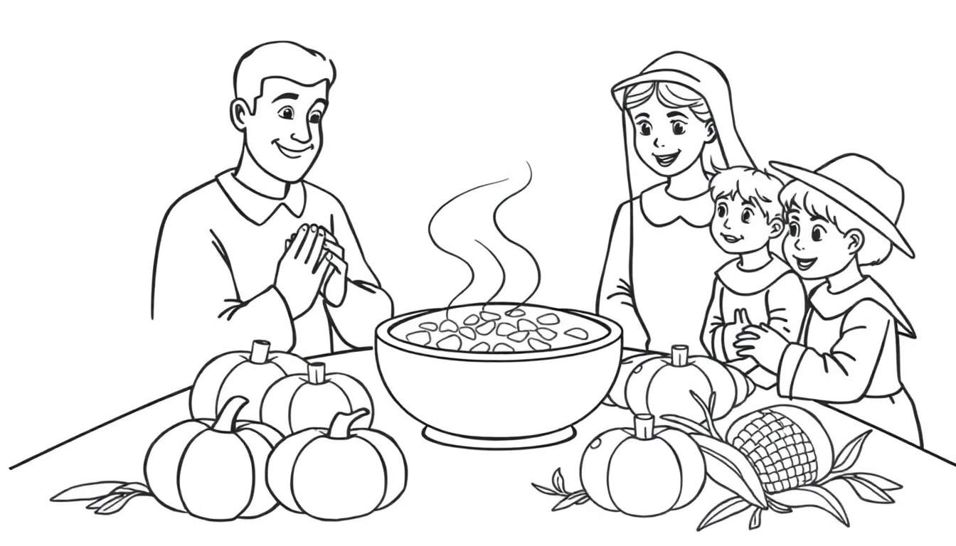 Page de coloriage en noir et blanc d'une famille de pèlerins remerciant autour d'une table de récolte.