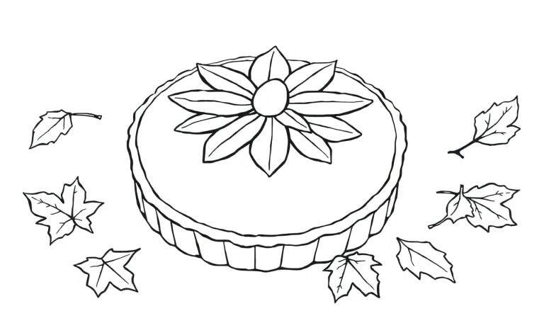 Dessin au trait d'une tarte à la citrouille entourée de feuilles d'automne, prête pour le coloriage.