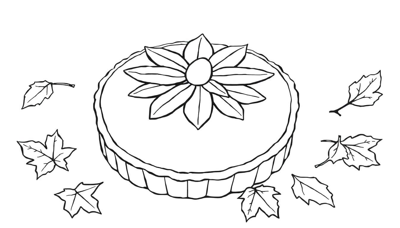 Dessin au trait d'une tarte à la citrouille entourée de feuilles d'automne, prête pour le coloriage.