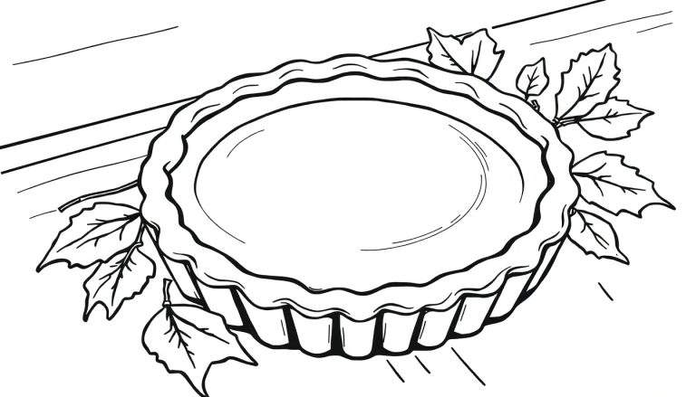 Une tarte d'automne dessinée au trait avec des feuilles entourant le color panel.