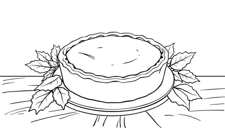 Dessin au trait d'une tarte avec des feuilles décoratives sur une assiette, prêt à être colorisé.