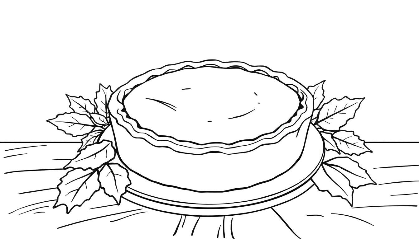 Dessin au trait d'une tarte avec des feuilles décoratives sur une assiette, prêt à être colorisé.
