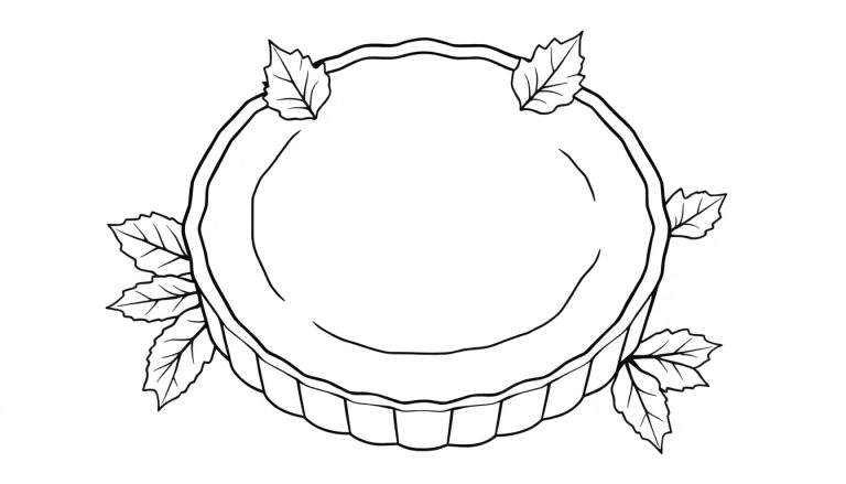 Dessin au trait d'une tarte ronde décorée de feuilles, prête à être coloriée.