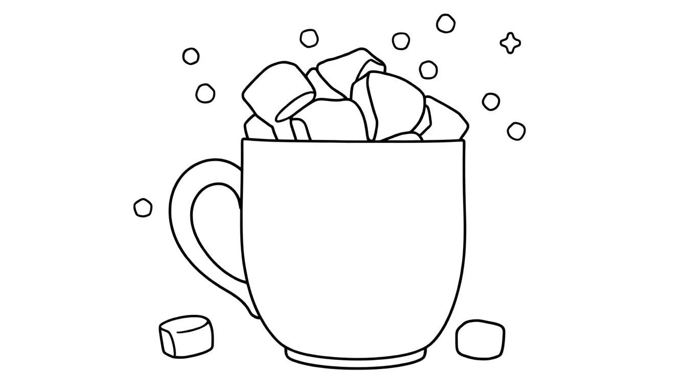 Dessin au trait d'une tasse de chocolat chaud avec des marshmallows, un color panel pour les enfants.