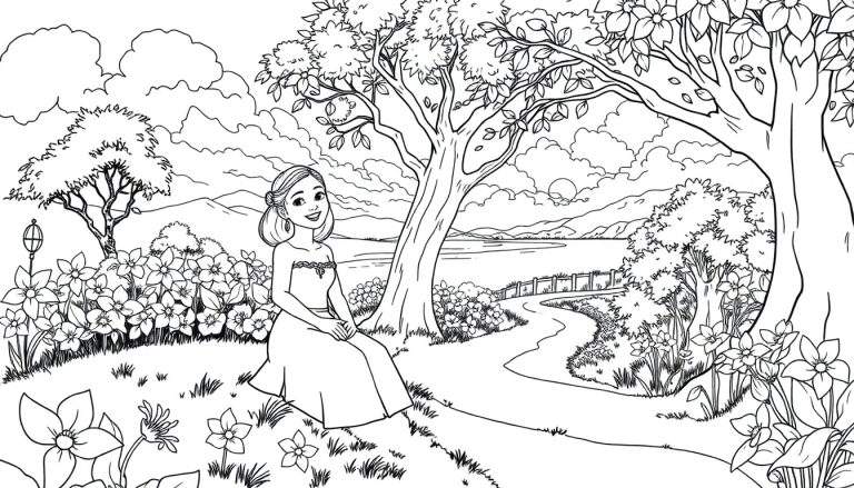 Dessin au trait d'une princesse assise dans un jardin fleuri près d'un lac, avec des montagnes en arrière-plan.