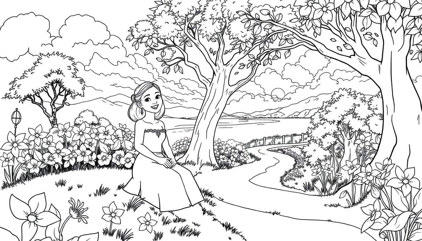 Dessin au trait d'une princesse assise dans un jardin fleuri près d'un lac, avec des montagnes en arrière-plan.