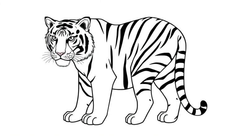 Un tigre blanc aux rayures noires en noir et blanc, prêt à être colorisé, avec un color panel