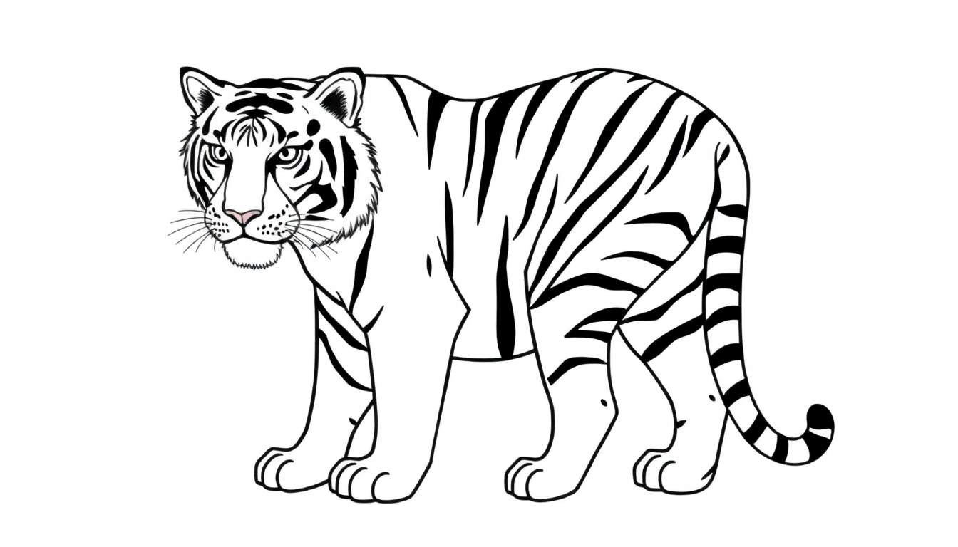 Un tigre blanc aux rayures noires en noir et blanc, prêt à être colorisé, avec un color panel