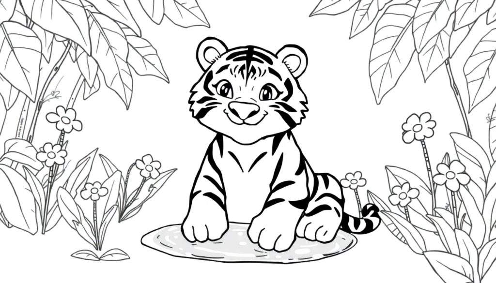 Une dessin en noir et blanc d'un tigre de dessin animé mignon assis dans une jungle comme sur une couleur plate.