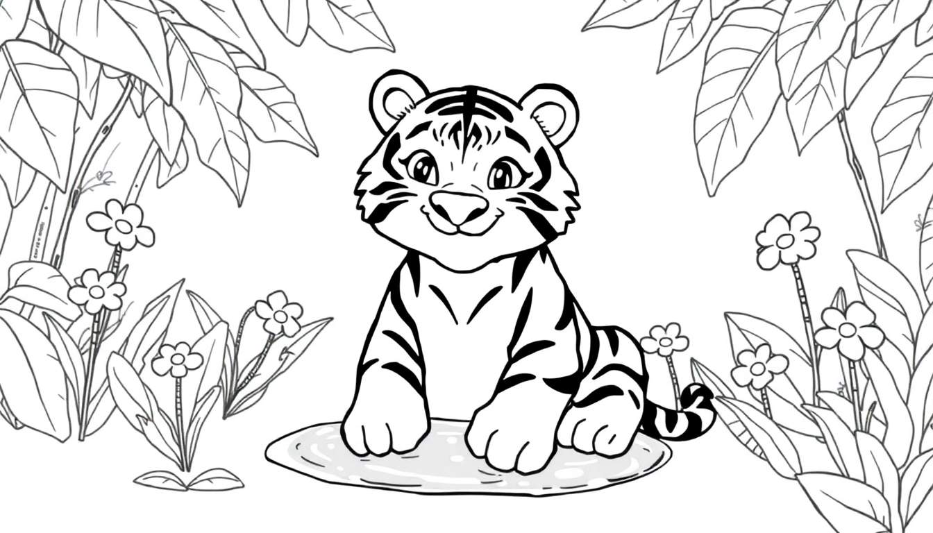 Une dessin en noir et blanc d'un tigre de dessin animé mignon assis dans une jungle comme sur une couleur plate.