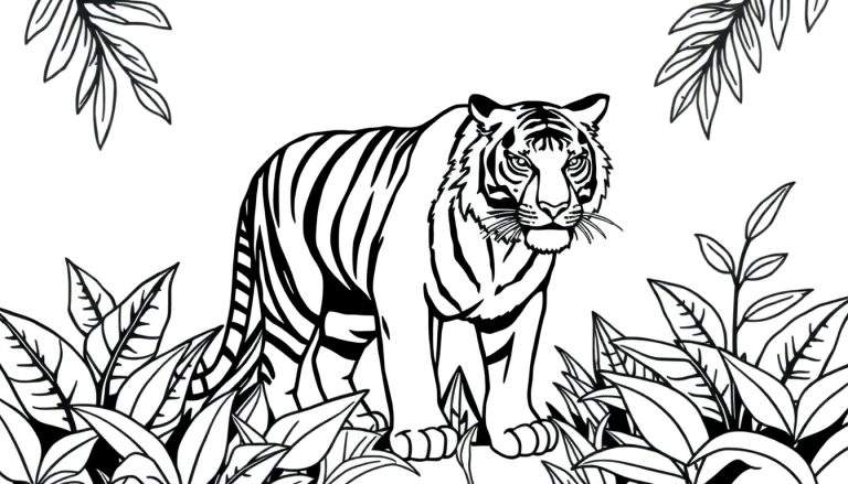Un dessin au trait de tigre dans une jungle luxuriante, prêt à être colorisé sur un color panel.
