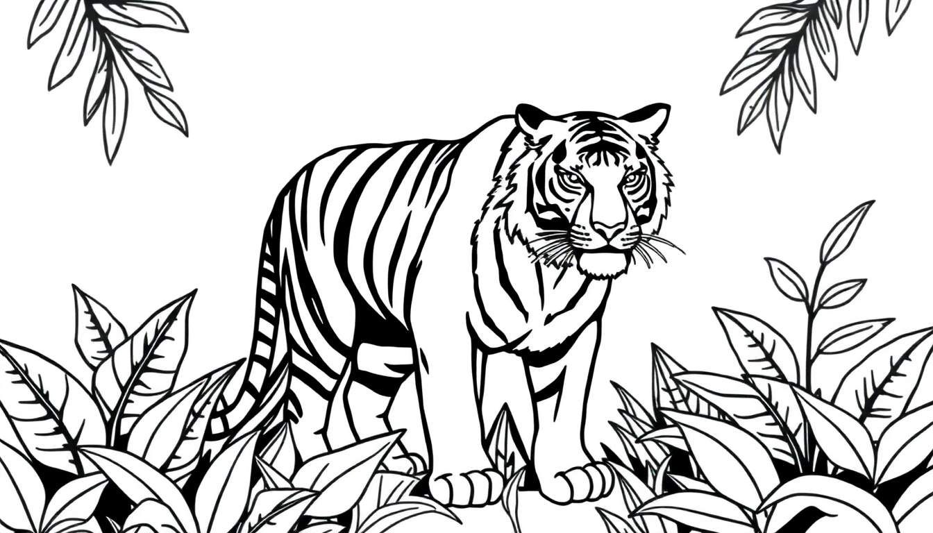 Un dessin au trait de tigre dans une jungle luxuriante, prêt à être colorisé sur un color panel.