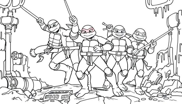 Dessin au trait noir et blanc des Tortues Ninja dans un égout, prêt pour le coloriage.