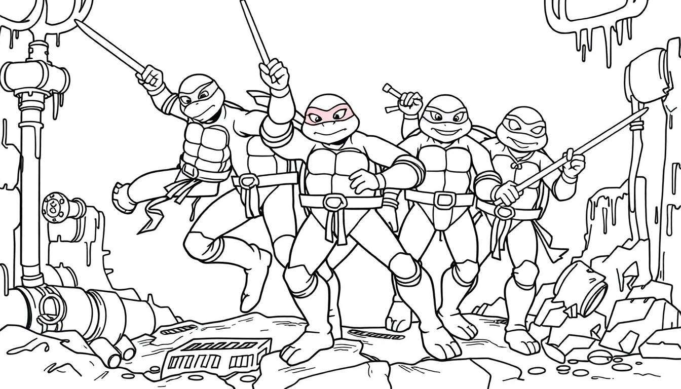 Dessin au trait noir et blanc des Tortues Ninja dans un égout, prêt pour le coloriage.