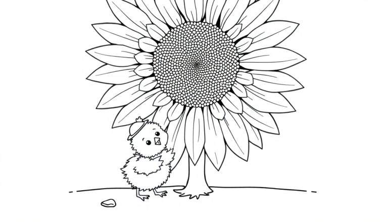 Un poussin mignon avec un chapeau regarde un grand tournesol, une page à colorier en noir et blanc.