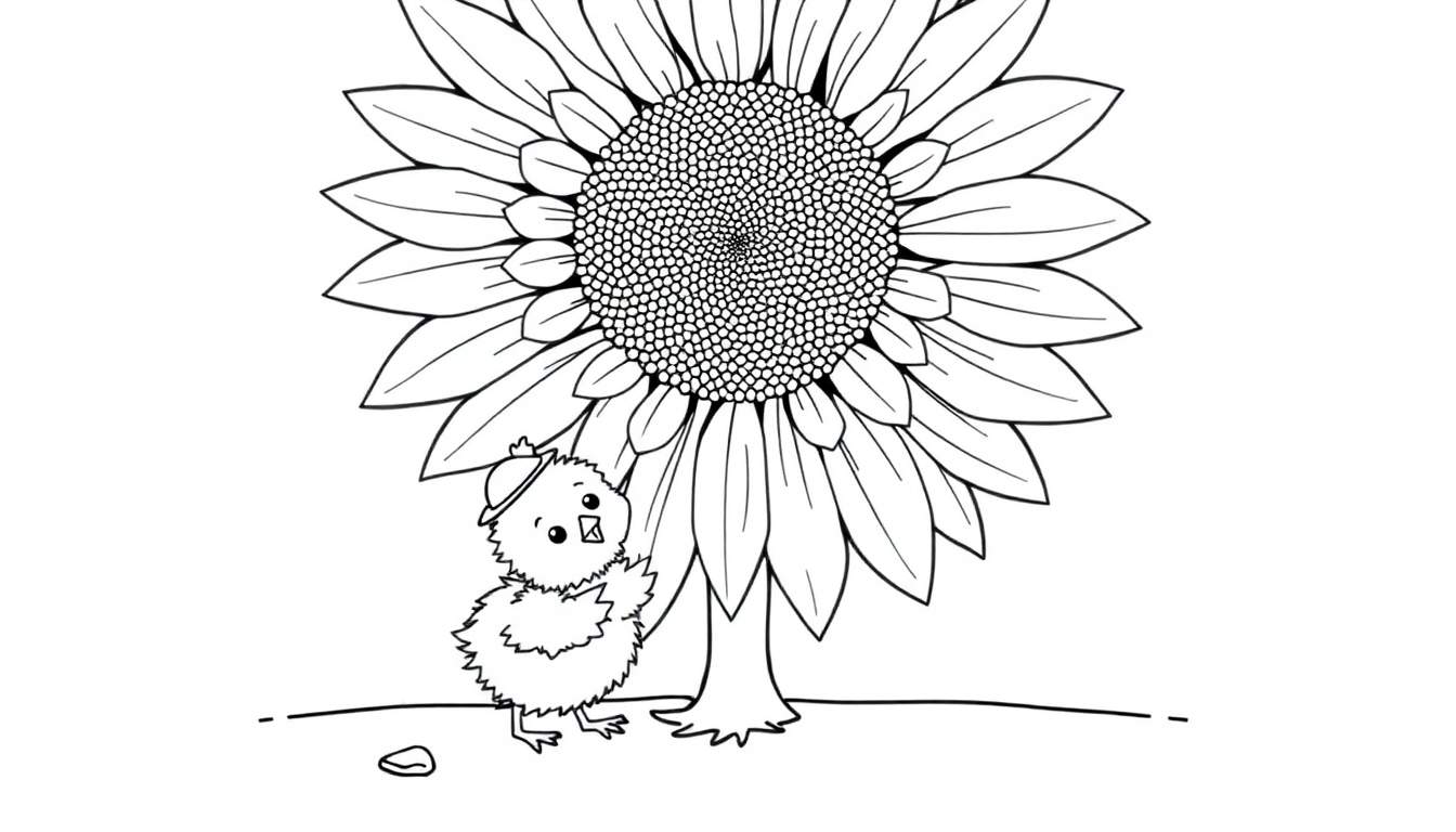Un poussin mignon avec un chapeau regarde un grand tournesol, une page à colorier en noir et blanc.