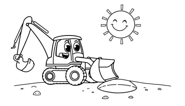 Dessin au trait d'un joyeux tracteur de chantier avec un soleil souriant, parfait pour une page de coloriage pour enfants.