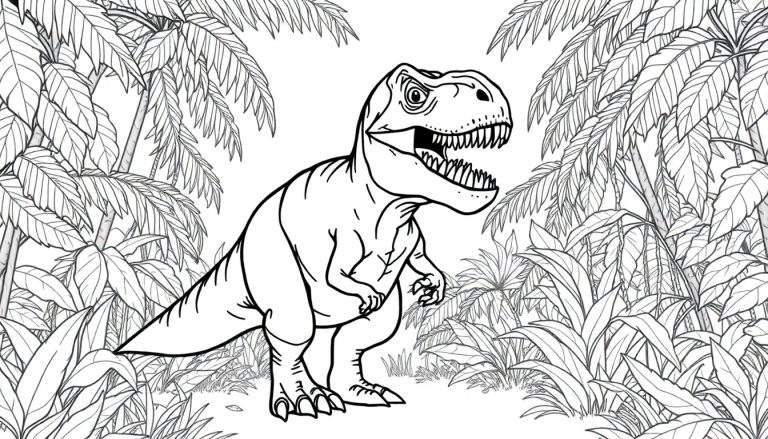 Un Tyrannosaure Rex dessiné en noir et blanc se tient dans une jungle dense, prêt à être colorié.